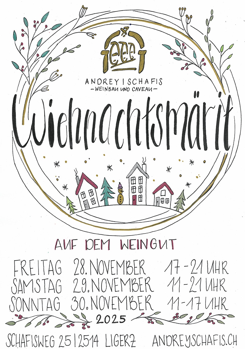 Flyer des Wiehnachtsmärits 2025 auf dem Weingut Andrey Schafis